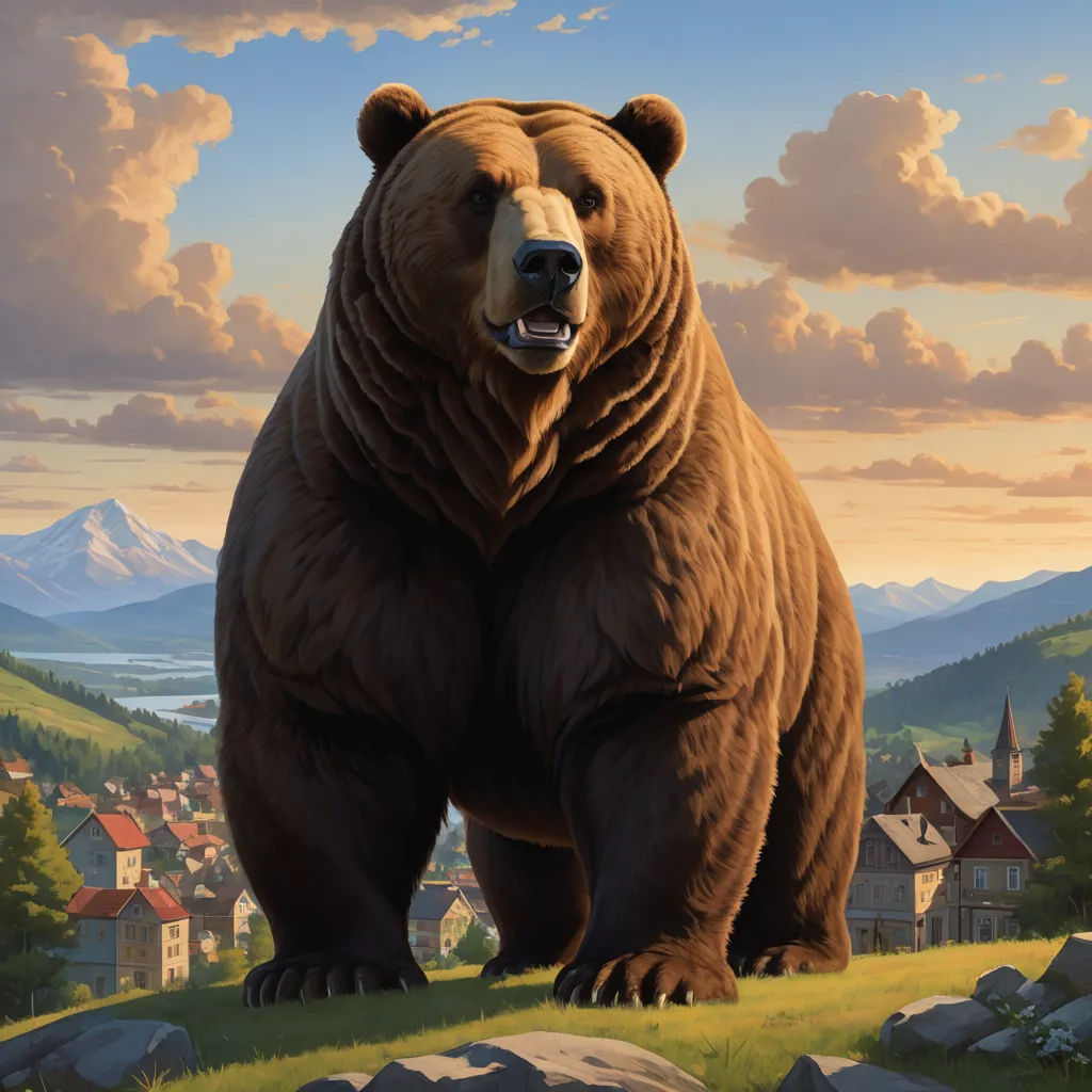 a large brown bear standing on top of a lush green field next to a forest filled with trees and mountains, american scene painting, an ultrafine detailed painting, Chris LaBrooy, official art