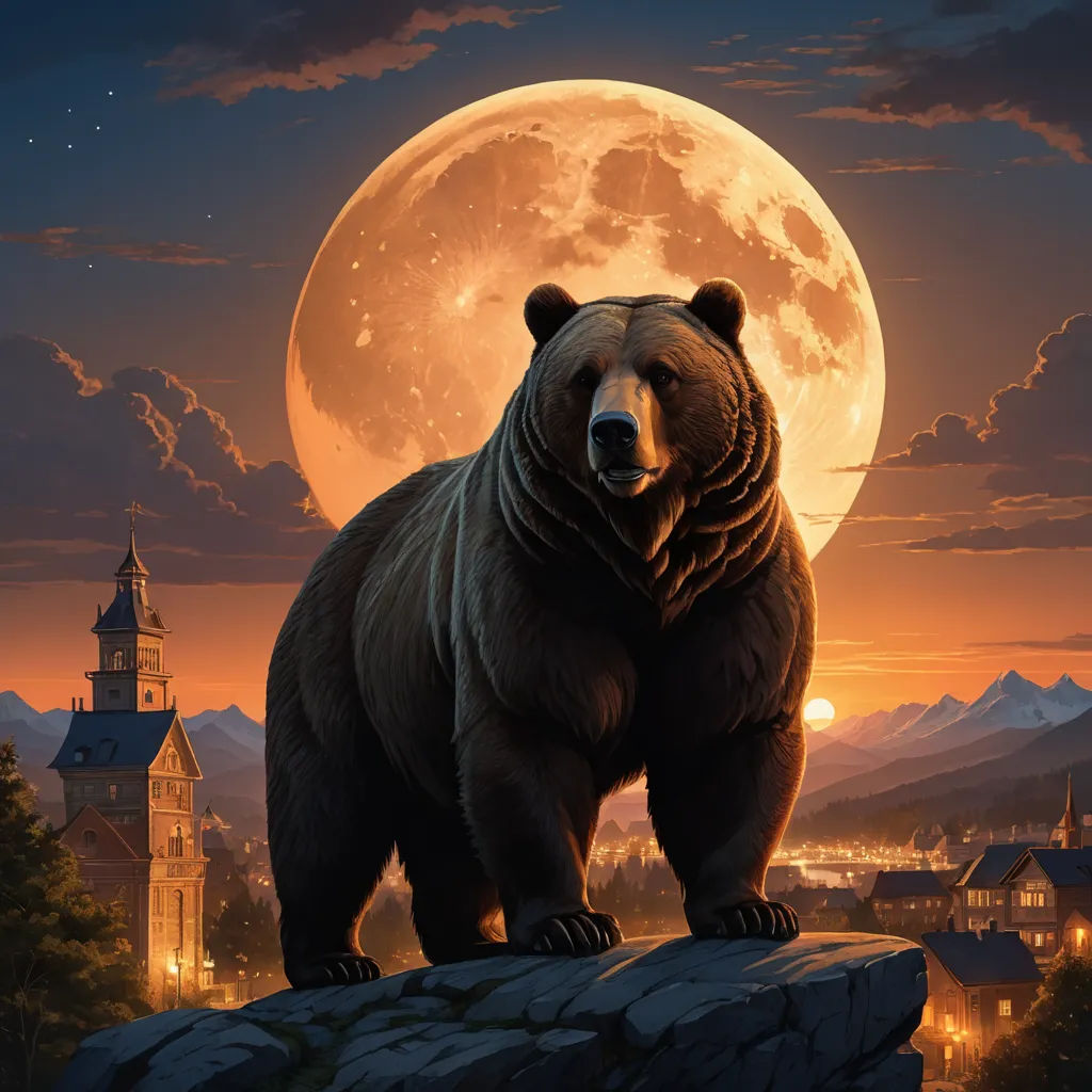 a bear standing on a rock in front of a full moon and a town with a clock tower in the background, furry art, a digital painting, Dan Mumford, full moon