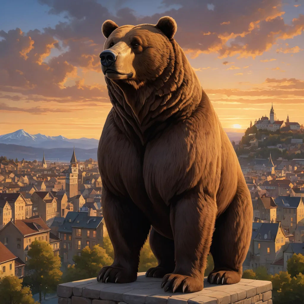 a large bear statue sitting on top of a brick wall in front of a cityscape at sunset, furry art, an airbrush painting, Christophe Vacher, kinkade