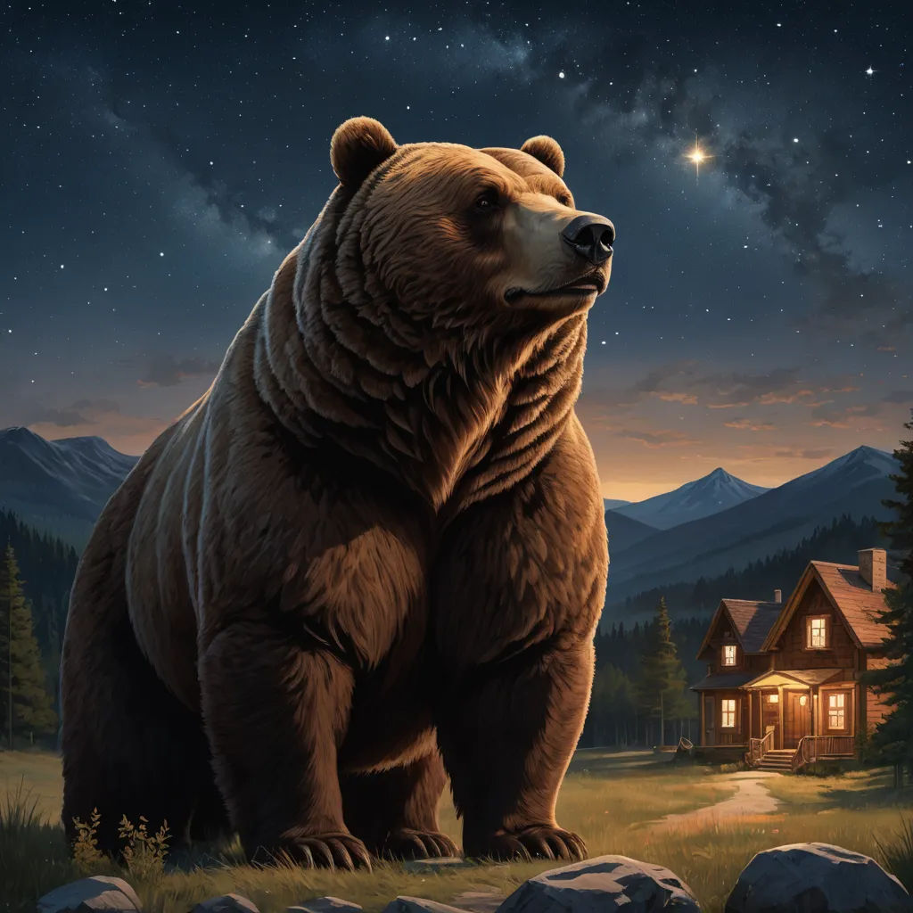 a bear standing in front of a cabin at night with a full moon in the sky above it and a house in the background, furry art, a storybook illustration, Chris LaBrooy, highly detailed digital painting