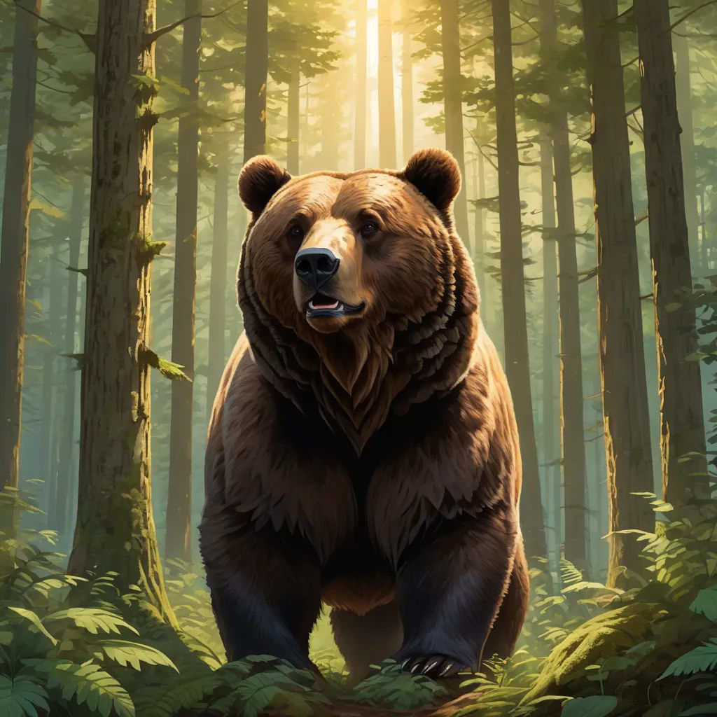 a bear is walking through a forest with tall trees and ferns on the ground, with the sun shining through the trees, furry art, a digital painting, Dan Mumford, highly detailed digital painting