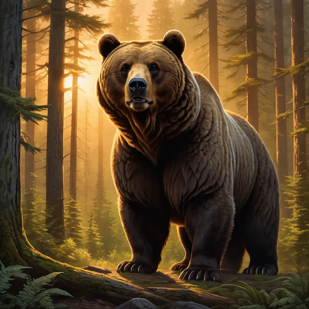 a bear standing in a forest with the sun shining through the trees and the ground behind it, with a background of trees and rocks, furry art, a digital painting, Dan Mumford, highly detailed digital painting