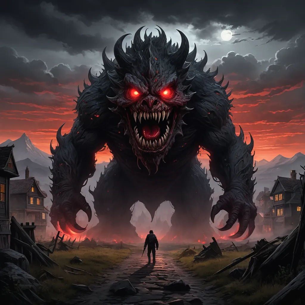 a man walking down a dirt road next to a giant monster with glowing eyes and a bloody grin on its face, fantasy art, concept art, Andreas Rocha, dark fantasy art
