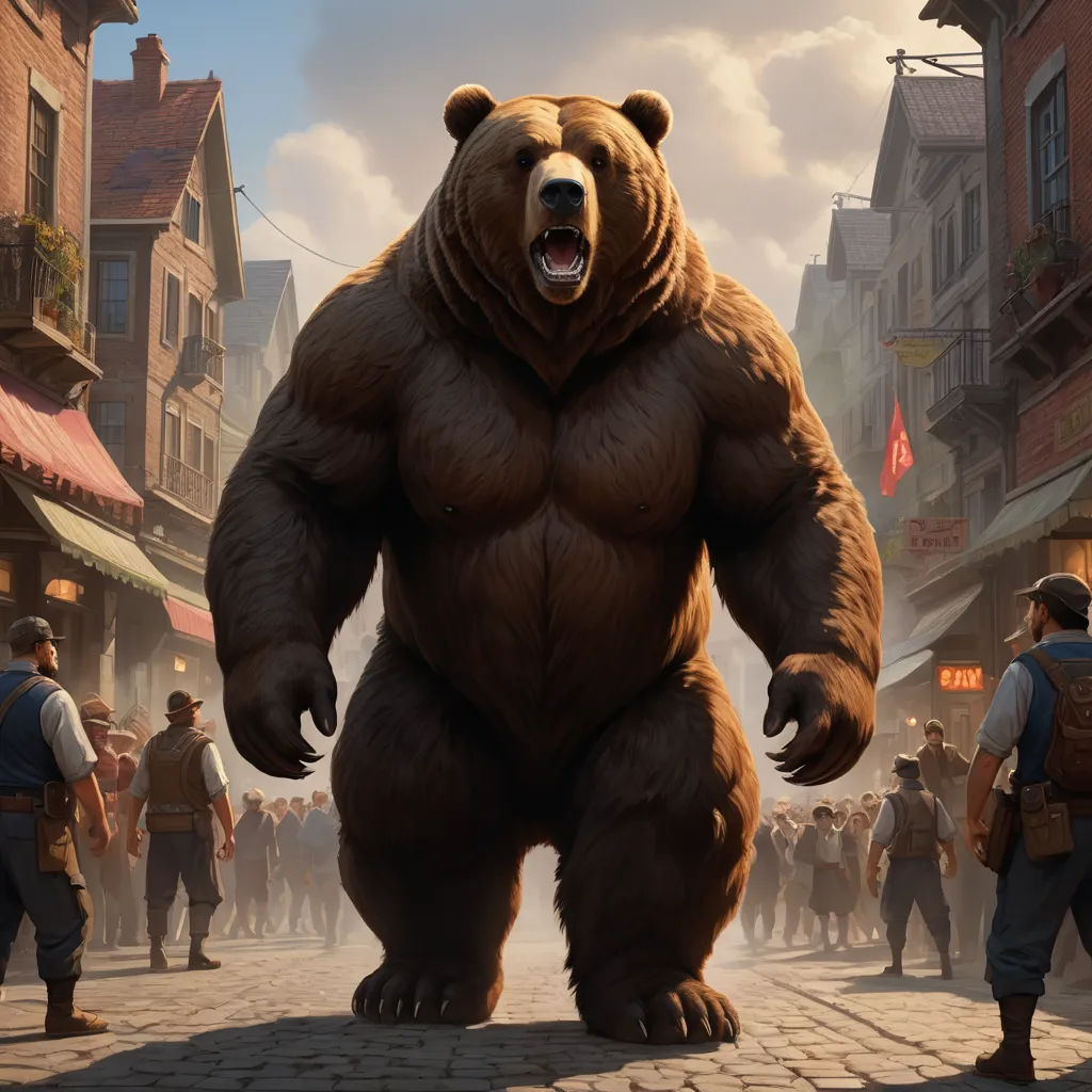 a large bear standing in a street with people walking around it and a man in a vest and hat, altermodern, concept art, Clint Cearley, magic the gathering artwork