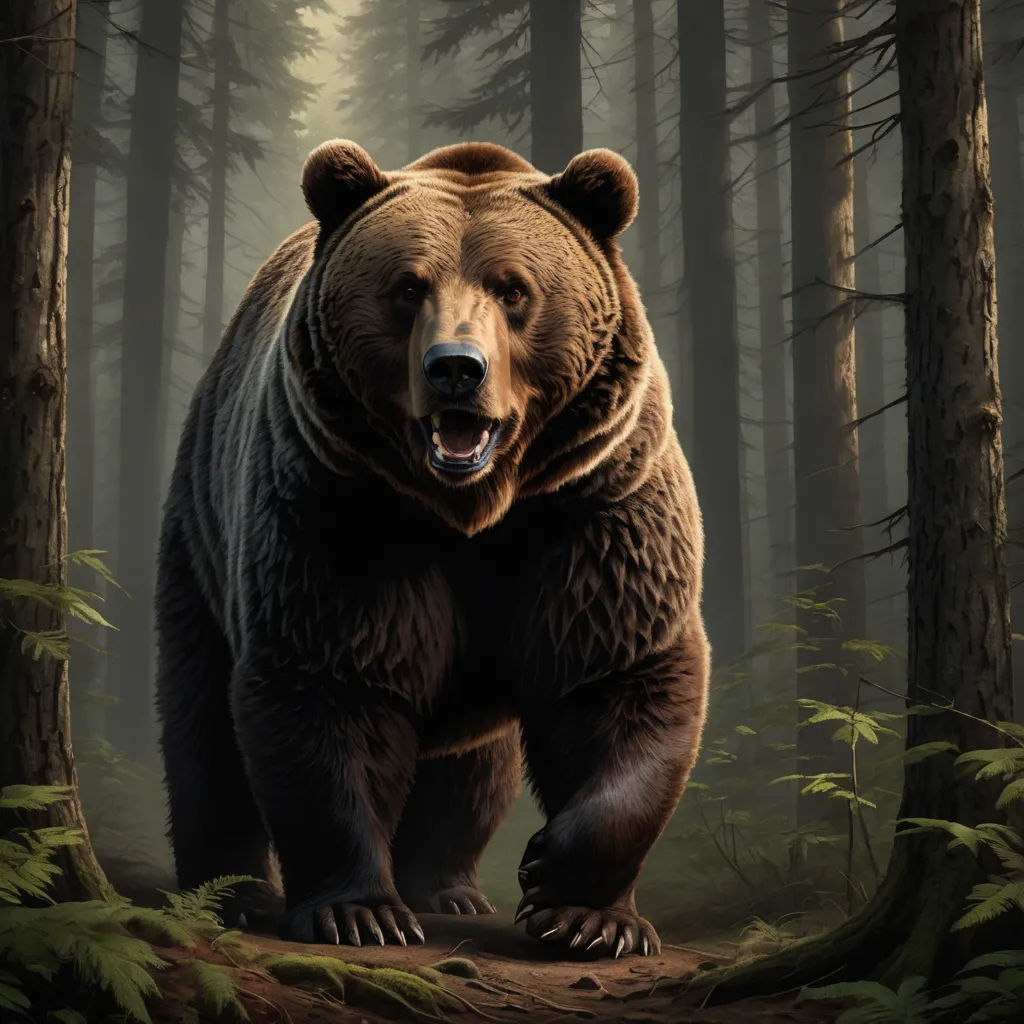 a large brown bear standing in a forest next to trees and ferns with its mouth open and mouth wide open, furry art, a digital rendering, Chris LaBrooy, highly detailed digital painting