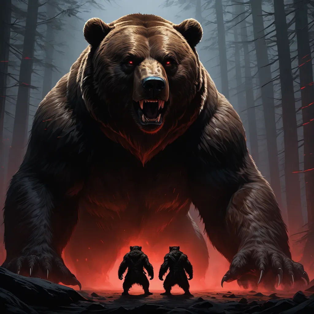 a bear and a bear cub standing in a forest with a red light behind them and a bear with a huge mouth, sots art, concept art, Andreas Rocha, league of legends concept art