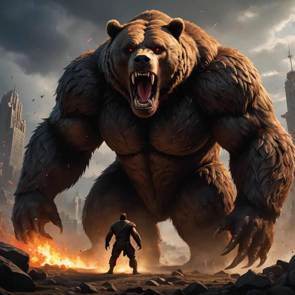 a giant bear standing in front of a man in a suit and a gun in his hand with a city in the background, furry art, computer graphics, Clint Cearley, unreal 5