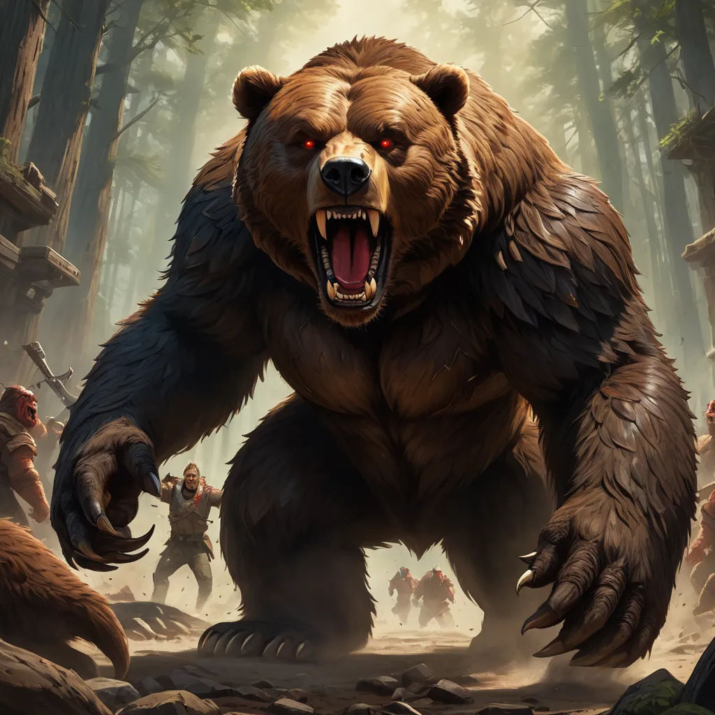 a bear with its mouth open and people in the background in a forest with trees and rocks, with a bear with its mouth open, furry art, concept art, Andreas Rocha, hearthstone