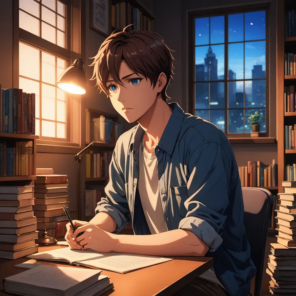 a man sitting at a desk with a pen and paper in his hand and a bookcase in the background, remodernism, a stock photo, Armin Hansen, rossdraws global illumination