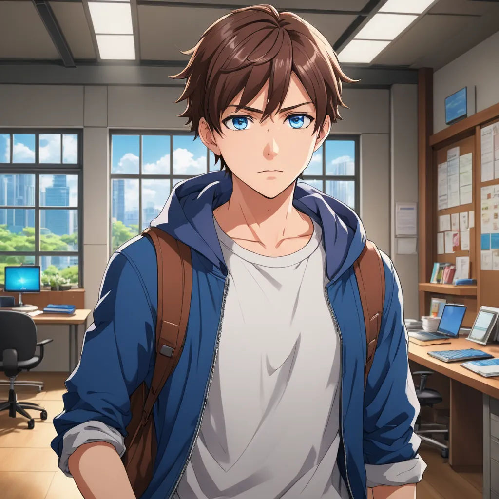a man in a blue jacket standing in a room with a desk and computer monitors on it's walls, sots art, a character portrait, Armin Hansen, official art