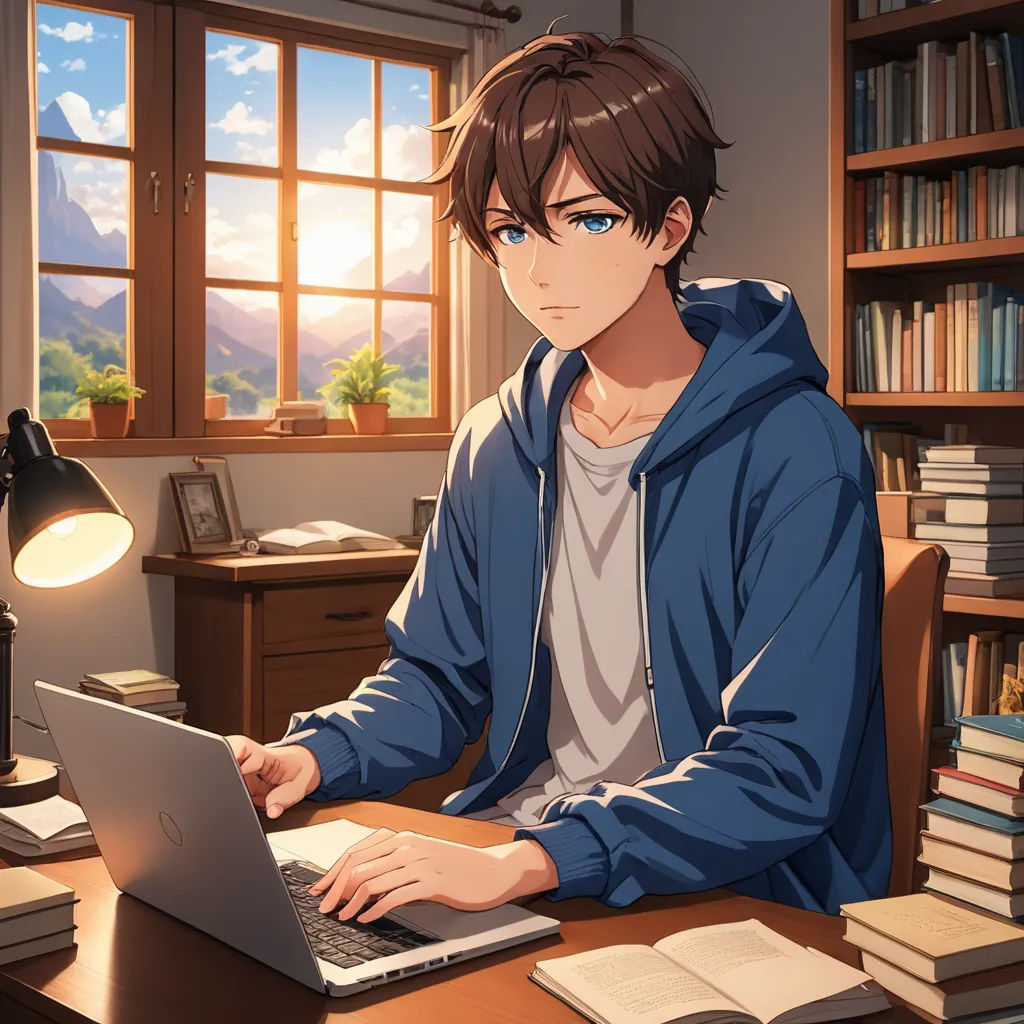 a man sitting at a desk with a laptop computer in front of him and a bookcase full of books, remodernism, computer graphics, Armin Hansen, official art