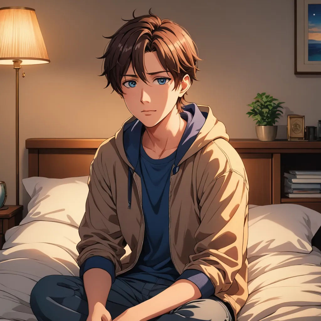 a man sitting on a bed in a room with a lamp on the side of the bed and a lamp on the side table, sots art, a character portrait, Armin Hansen, official art