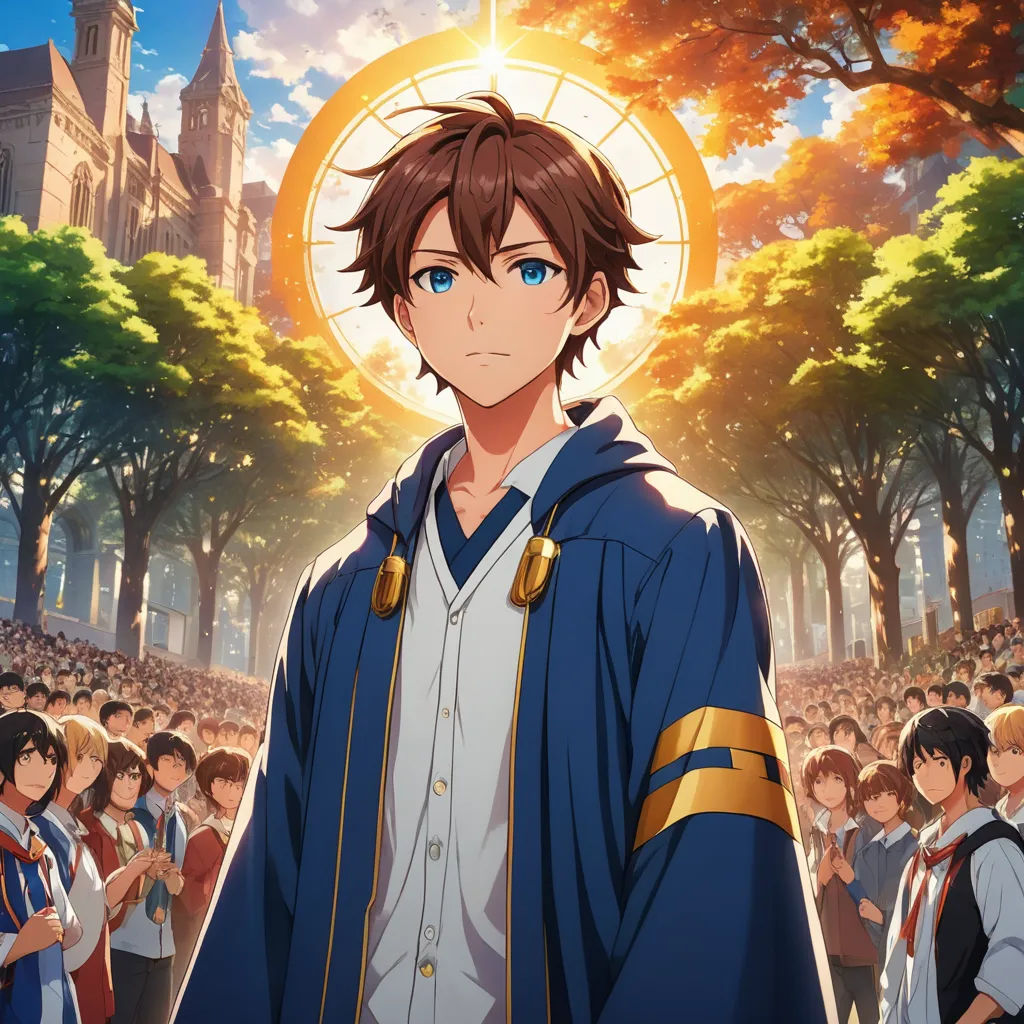 a man in a blue robe standing in front of a crowd of people in a park with trees and a building, rayonism, concept art, Ai-Mitsu, official art