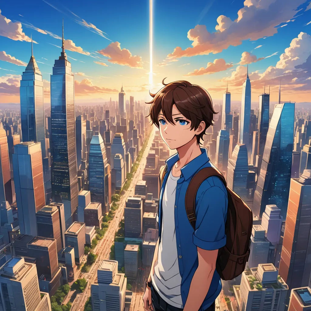 a man standing in front of a city skyline with a sky background and a bright beam of light above him, rayonism, a matte painting, Cedric Seaut (Keos Masons), anime key visual
