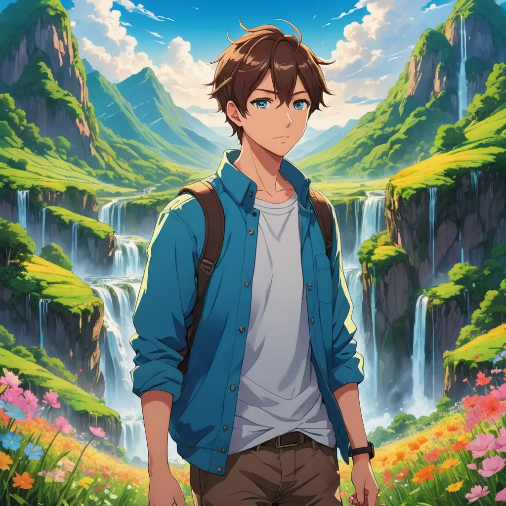a man standing in front of a waterfall with a backpack on his back and a waterfall in the background, aestheticism, concept art, Ai-Mitsu, official art