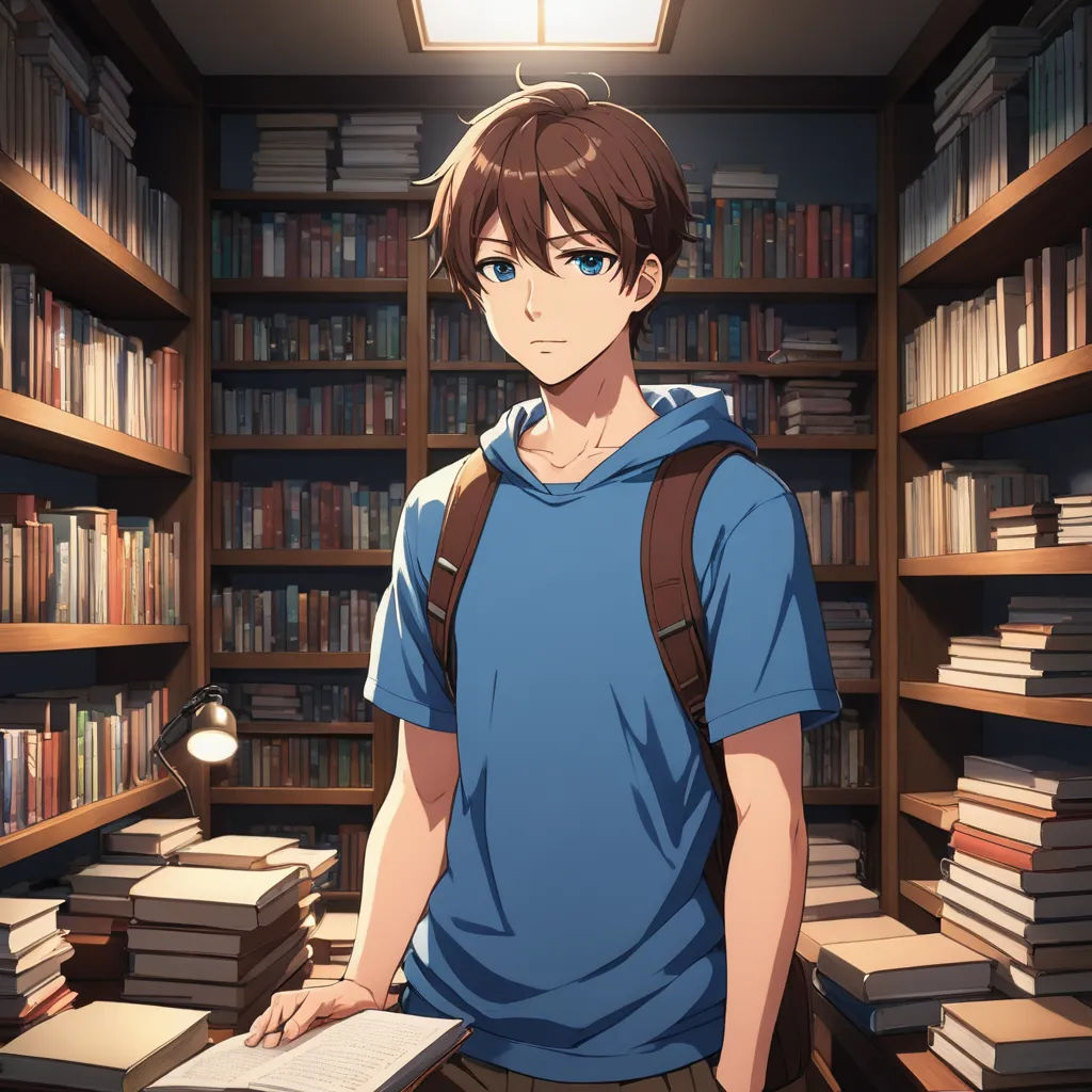 a man standing in front of a book shelf filled with books and a backpack on his shoulder and a backpack on his shoulder, rayonism, a character portrait, Armin Hansen, official art