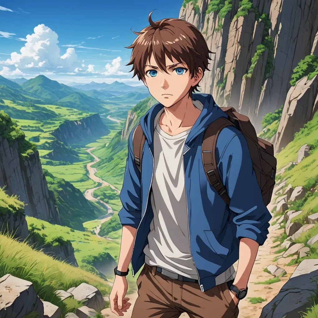 a man with a backpack standing on a mountain side looking at the camera with a mountain in the background, sots art, concept art, Cedric Seaut (Keos Masons), anime key visual
