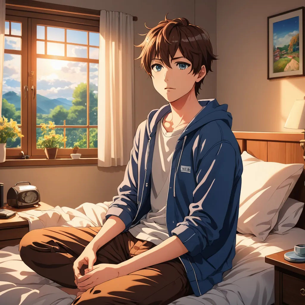 a man sitting on a bed in a bedroom with a window behind him and a painting of a mountain behind him, sots art, a character portrait, Adam Manyoki, official art