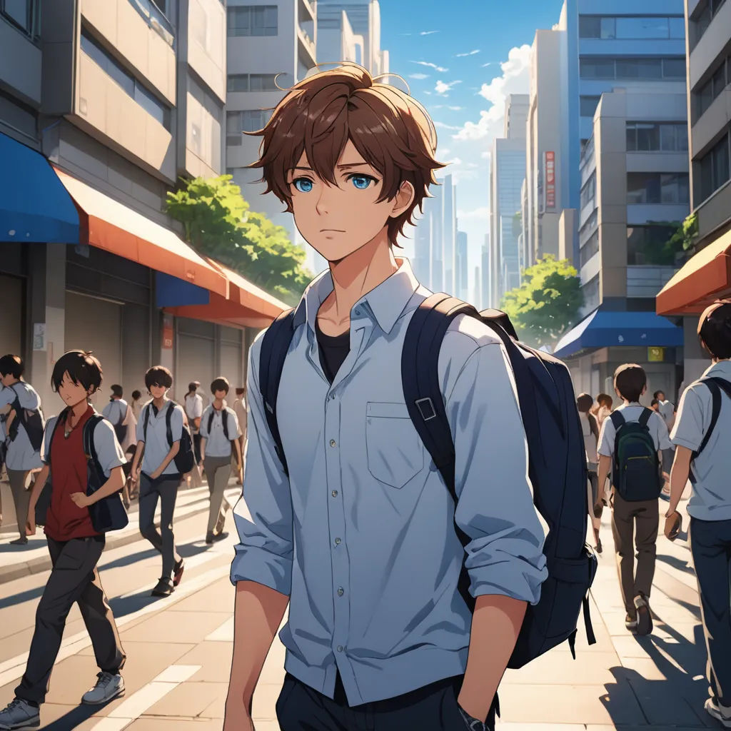 a man with a backpack standing in front of a crowd of people on a city street with buildings in the background, rayonism, concept art, Cedric Seaut (Keos Masons), official art