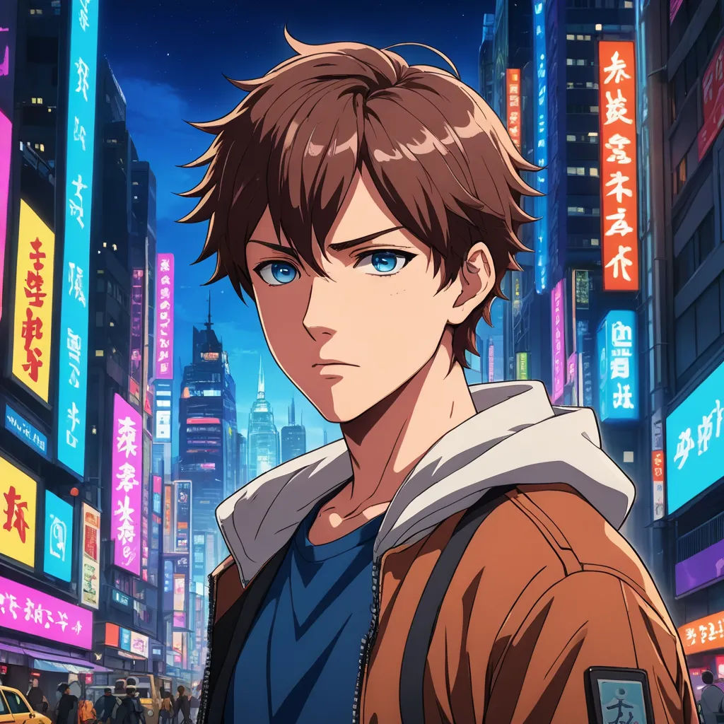 a man in a city at night with a cityscape in the background and a neon sign in the foreground, serial art, a character portrait, Cedric Seaut (Keos Masons), anime key visual
