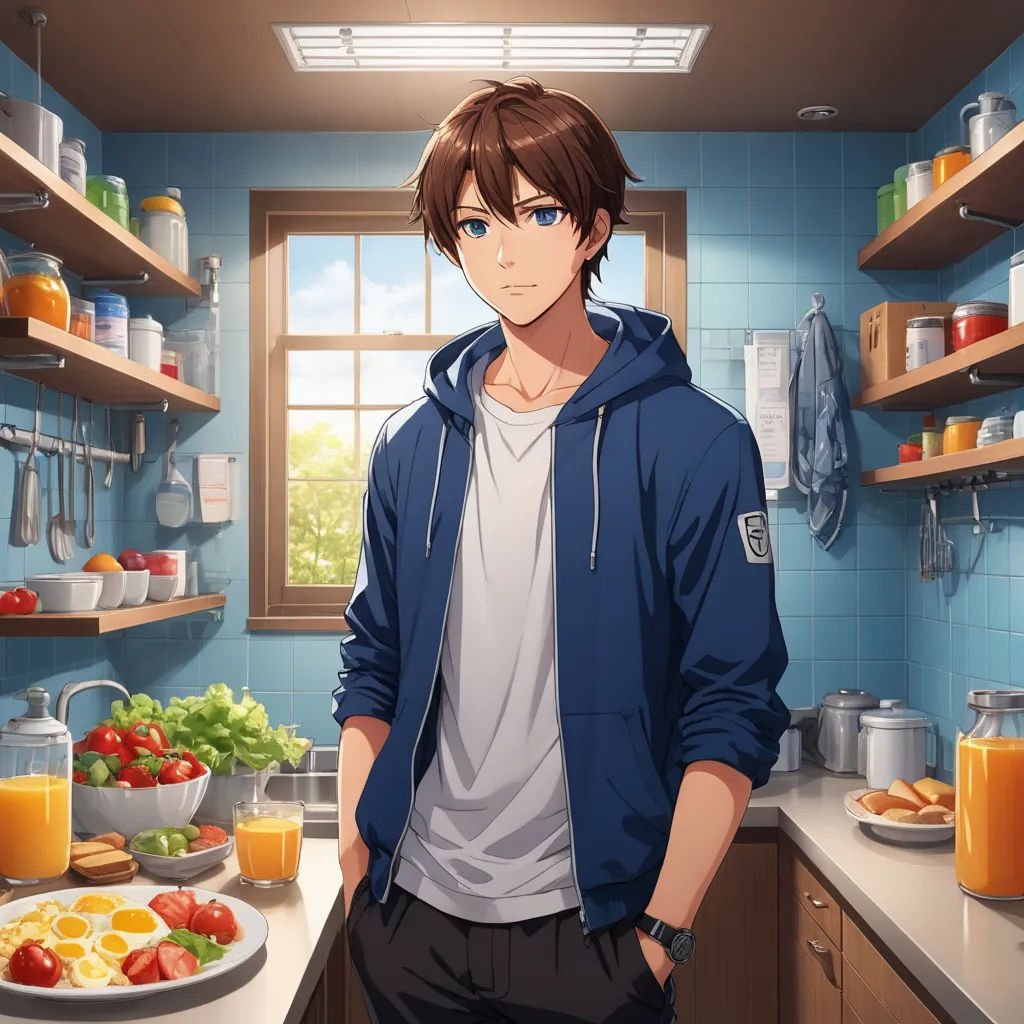 a man standing in a kitchen next to a counter with a plate of food on it and a bowl of fruit, sots art, a stock photo, Armin Hansen, official art