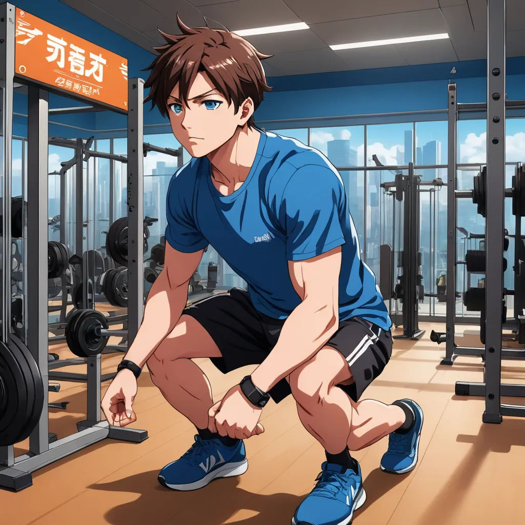 a man squatting down in a gym with a rack of weight machines in the background and a sign that says,, sots art, concept art, Adam Manyoki, official art