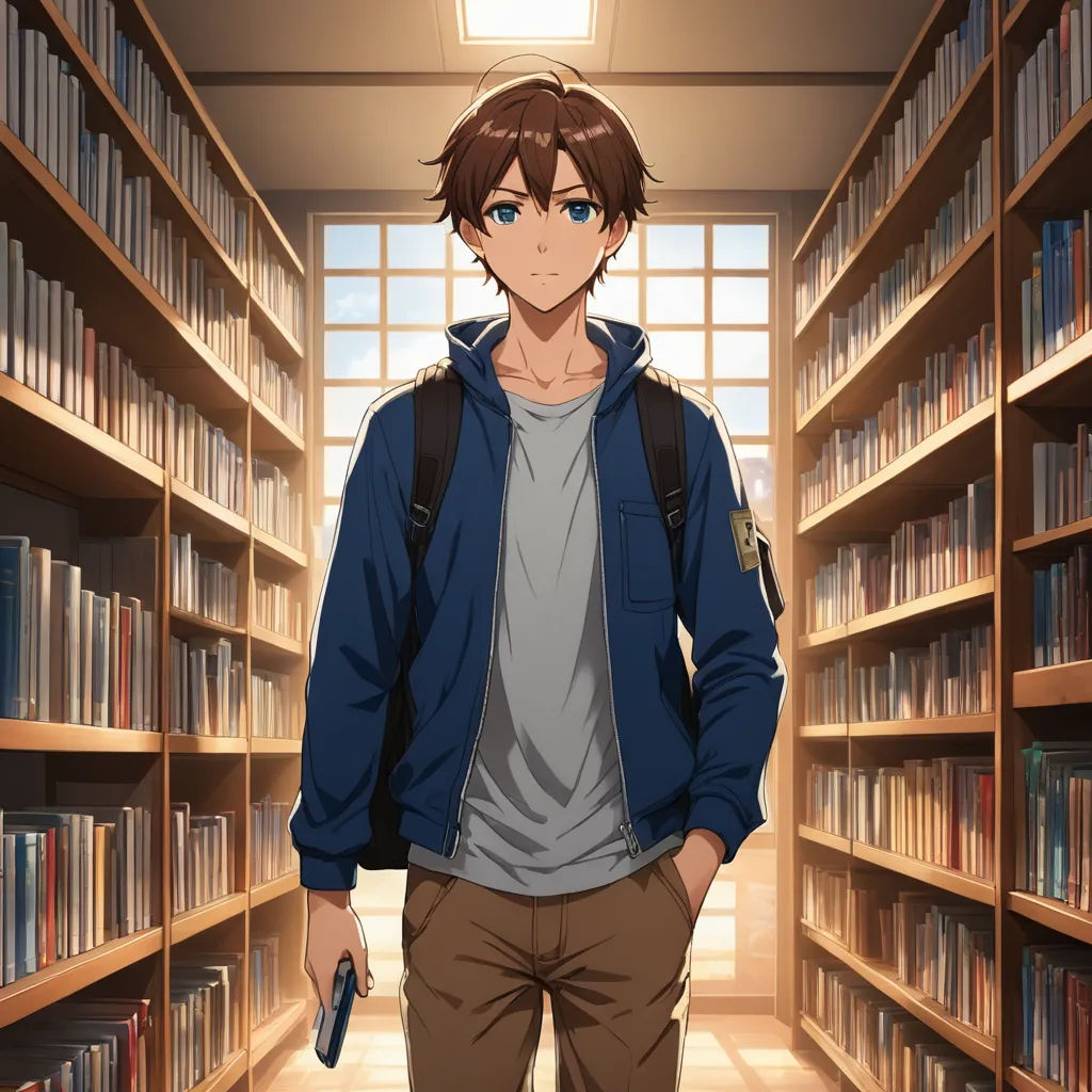 a man standing in a library with a backpack on his shoulder and a book case in the background with books on shelves, rayonism, a character portrait, Armin Hansen, official art