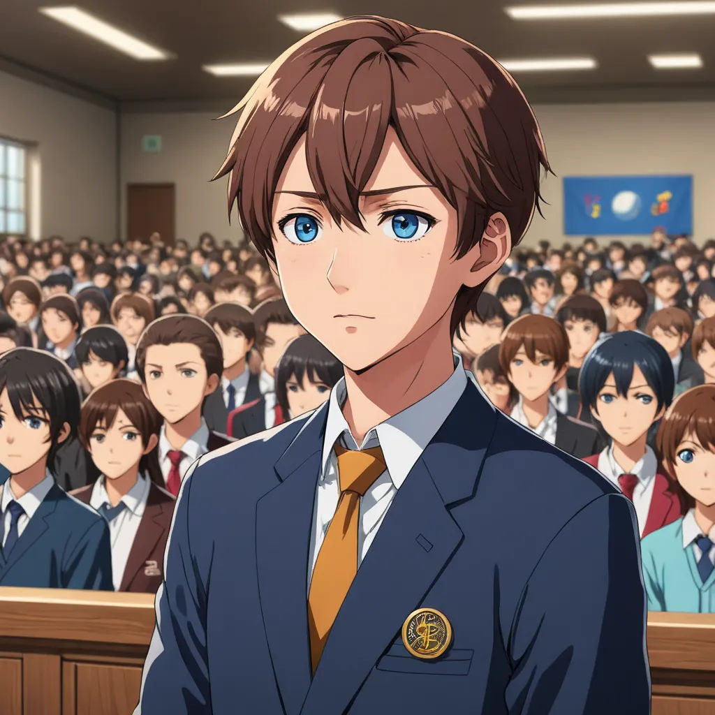 a man in a suit standing in front of a crowd of people in a courtroom with a blue eye, sots art, a character portrait, Adam Manyoki, official art
