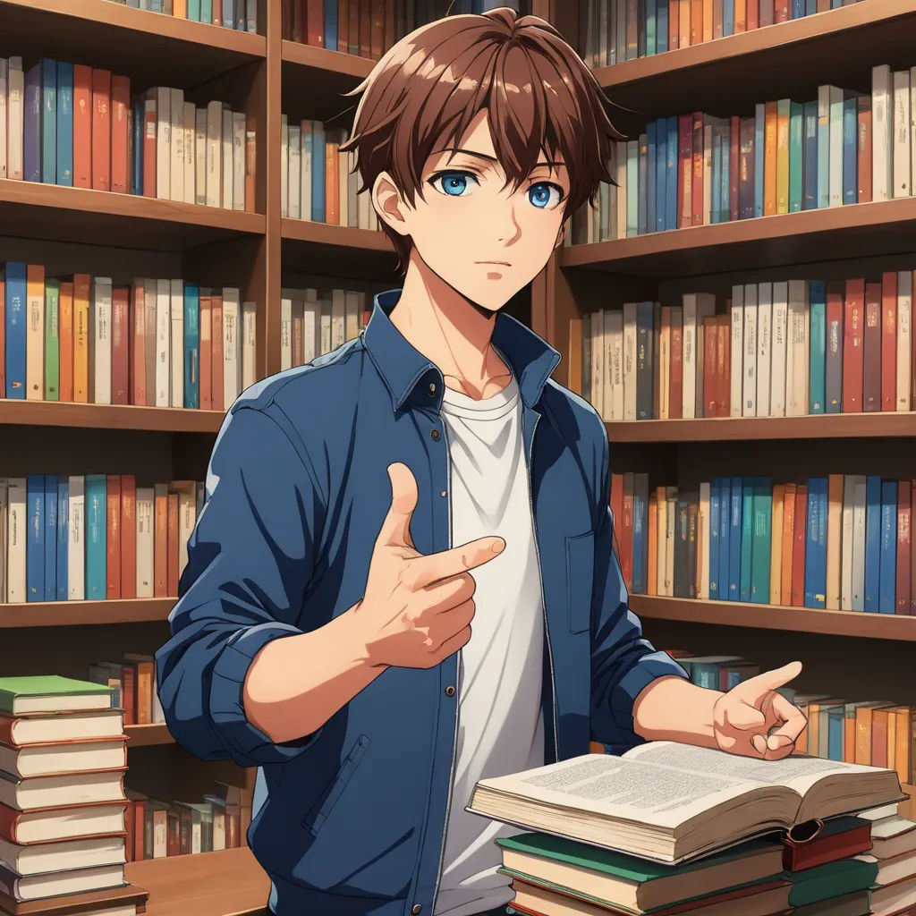 a man standing in front of a book shelf with a book in his hand and pointing at the book, remodernism, a stock photo, Armin Hansen, official art