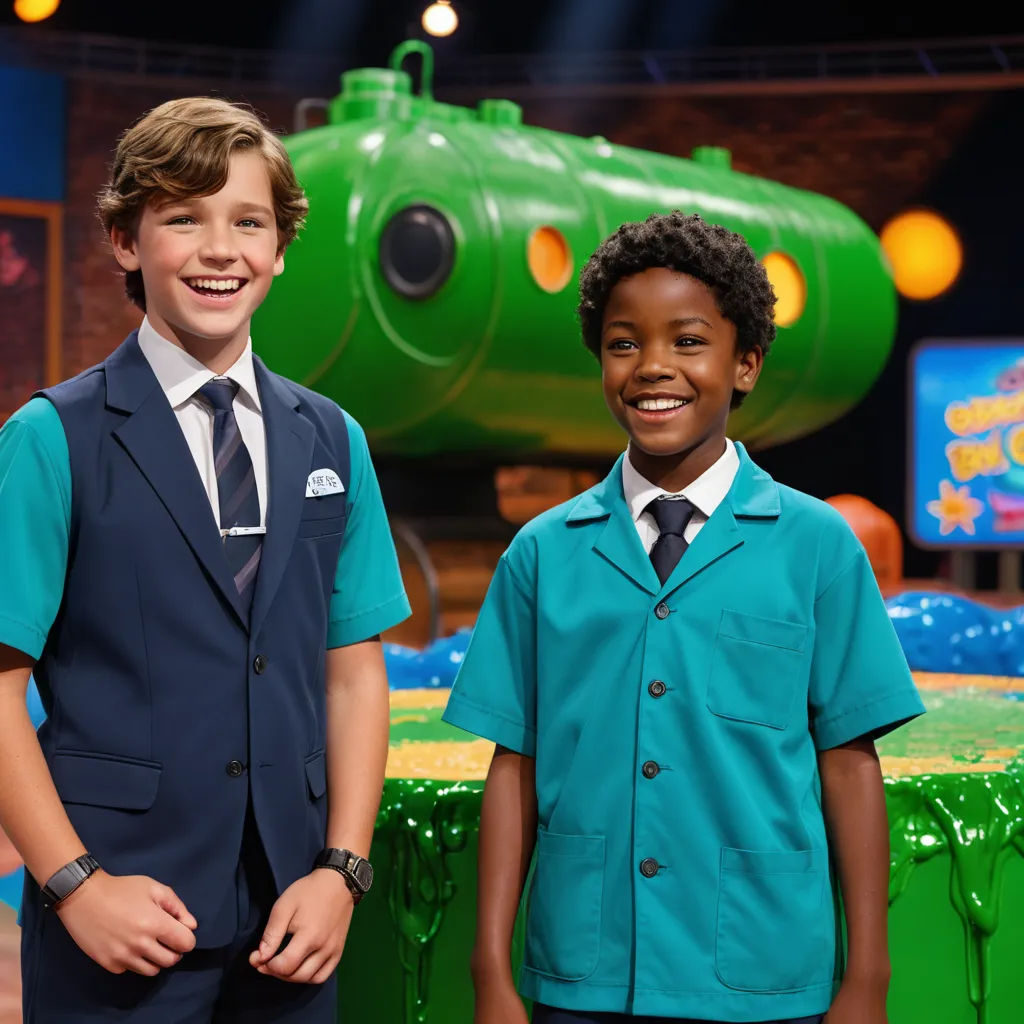 two young boys in school uniforms standing next to each other in front of a green submarine model on a stage, heidelberg school, concept art, Andries Both, promotional image
