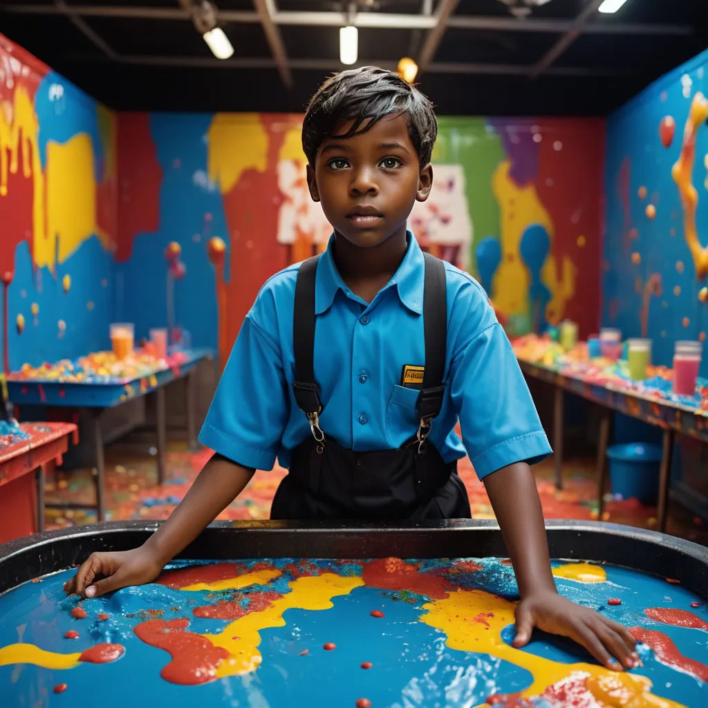 a boy in a blue shirt and suspenders is standing in a room with a large table with paint on it, action painting, graffiti art, Chris LaBrooy, promotional image