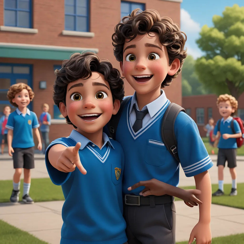 a couple of kids standing next to each other on a field of grass with a building in the background, vancouver school, a poster, Eddie Mendoza, official art