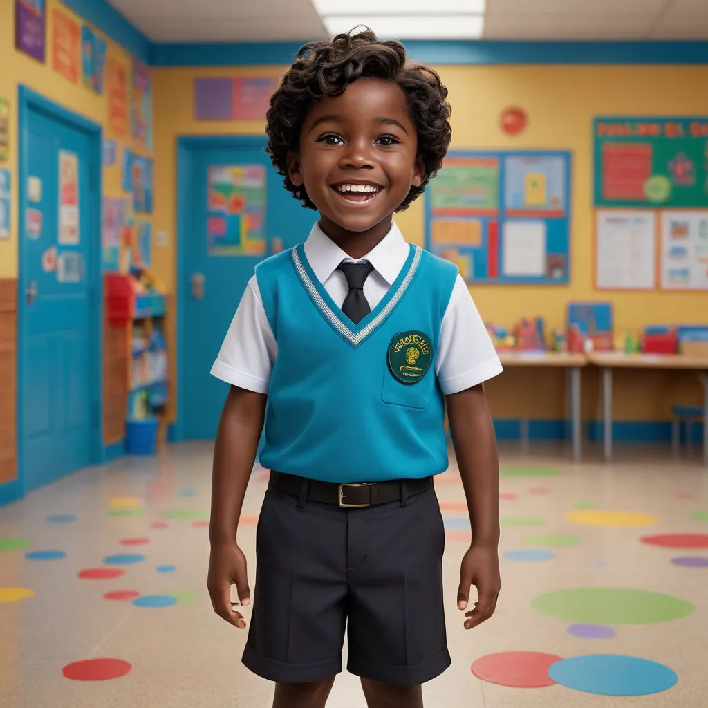 a young boy in a school uniform standing in a classroom with polka dot flooring and a school room with a blue door, photorealism, a stock photo, Chris LaBrooy, promotional image