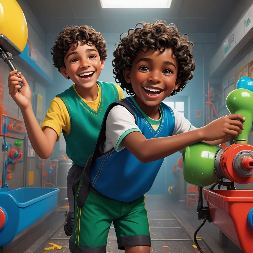 a boy and a girl are holding a spray gun in a room with toys and a light fixture in the ceiling, photorealism, poster art, Chris LaBrooy, promotional image