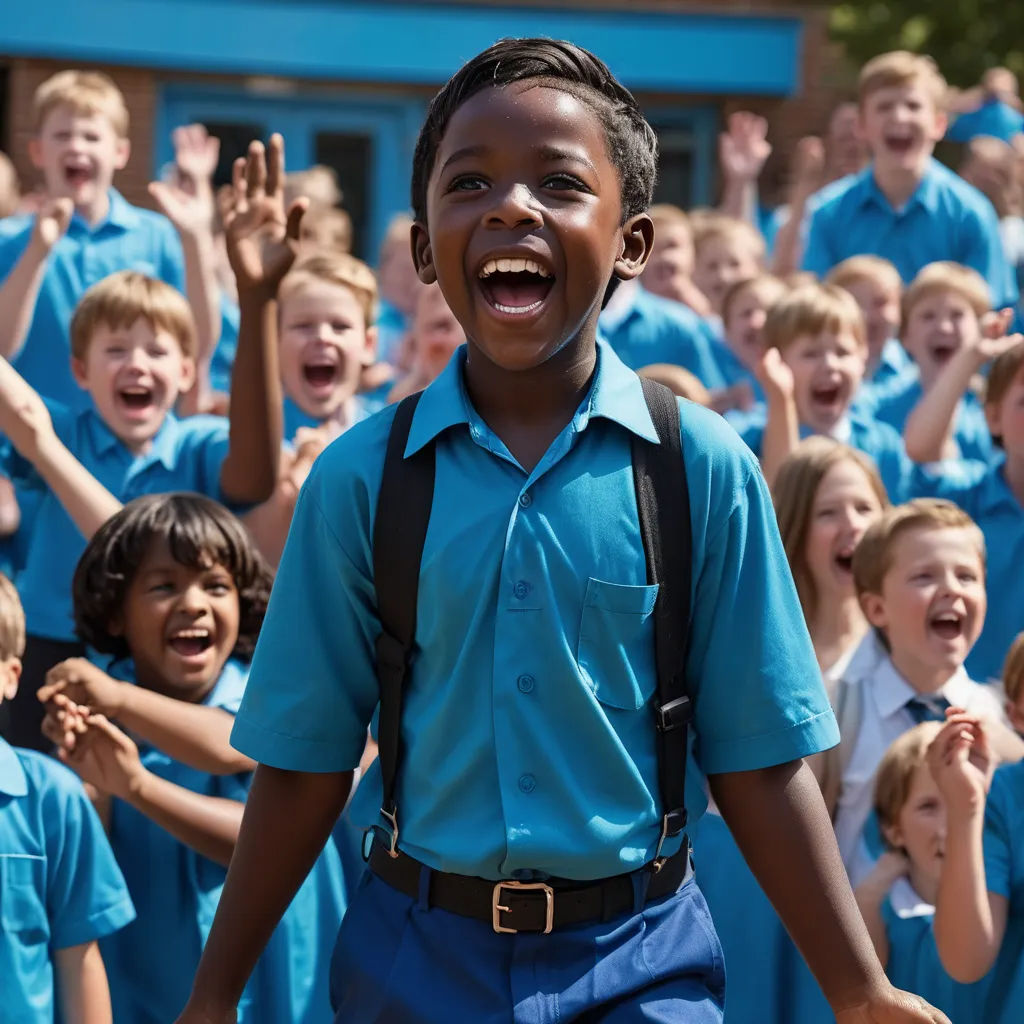 a group of children in blue shirts and backpacks are standing in front of a building and waving at the camera, heidelberg school, a poster, Albert Namatjira, promotional image