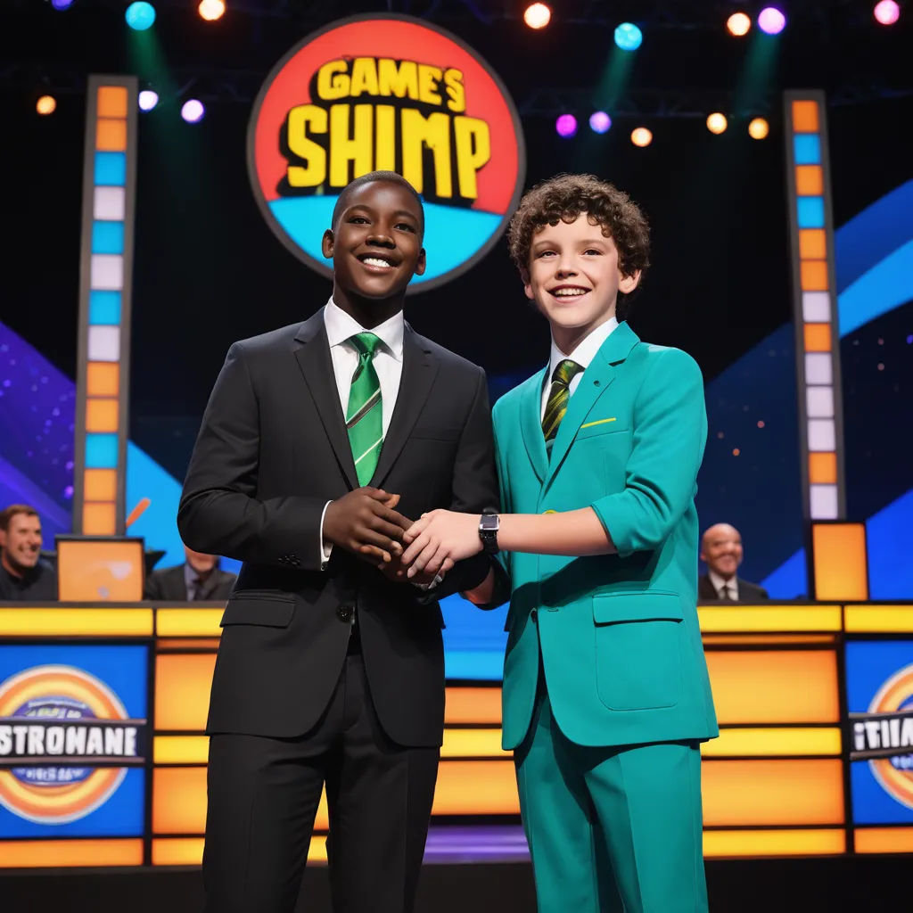 two young men in suits shaking hands on stage with a logo behind them that says games shrimp on the screen, regionalism, a stock photo, Adam Dario Keel, promotional image