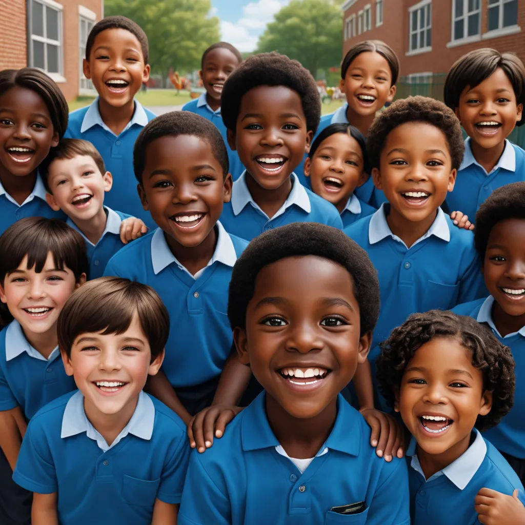 a group of children in blue uniforms posing for a picture together in front of a brick building with trees, paris school, a poster, Barkley Hendricks, promotional image