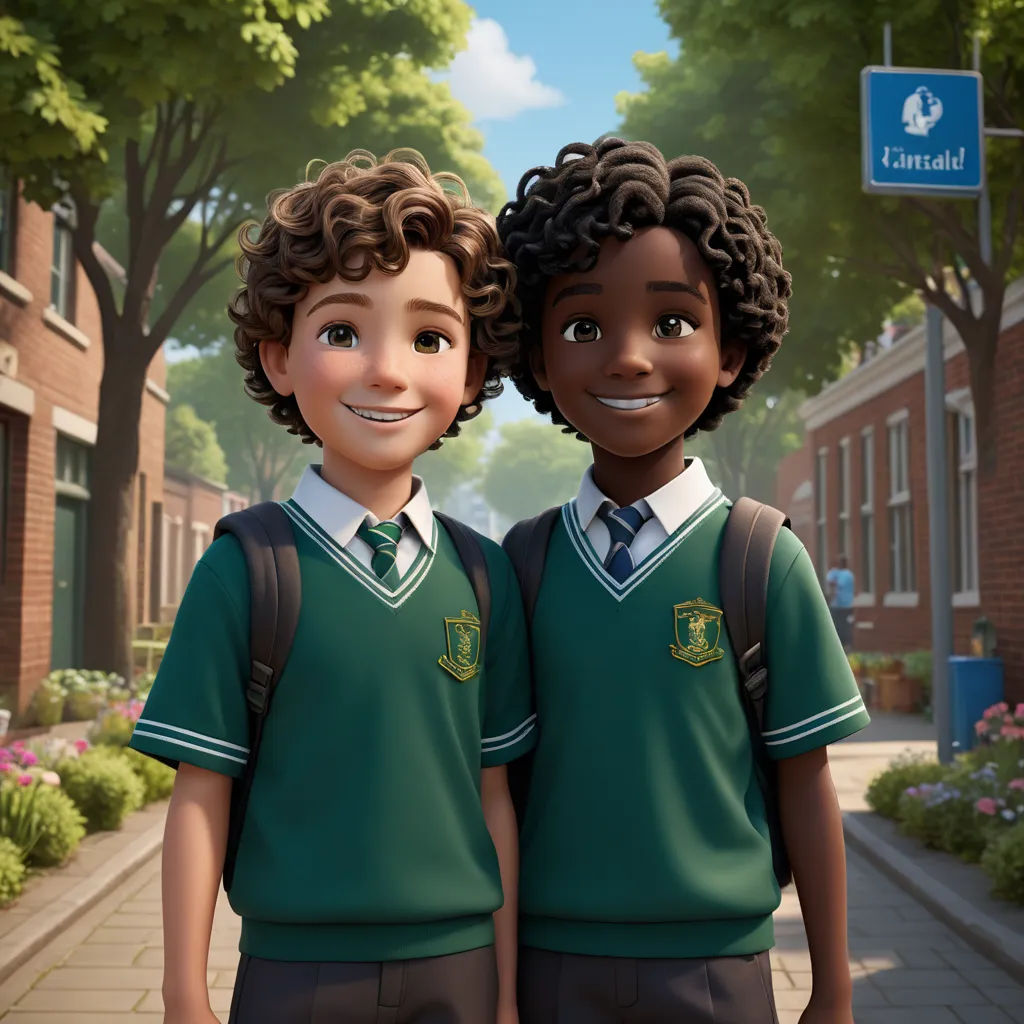 two children in school uniforms standing in front of a street sign and trees and flowers on the sidewalk, with a sign in the background, vancouver school, a poster, Felix-Kelly, official art