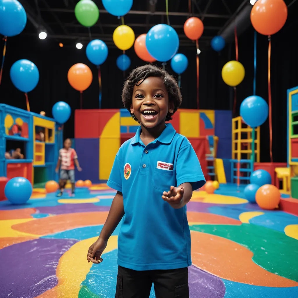a young boy standing in a play room with balloons in the air and a ball pit in the background, video art, a stock photo, Chris LaBrooy, promotional image