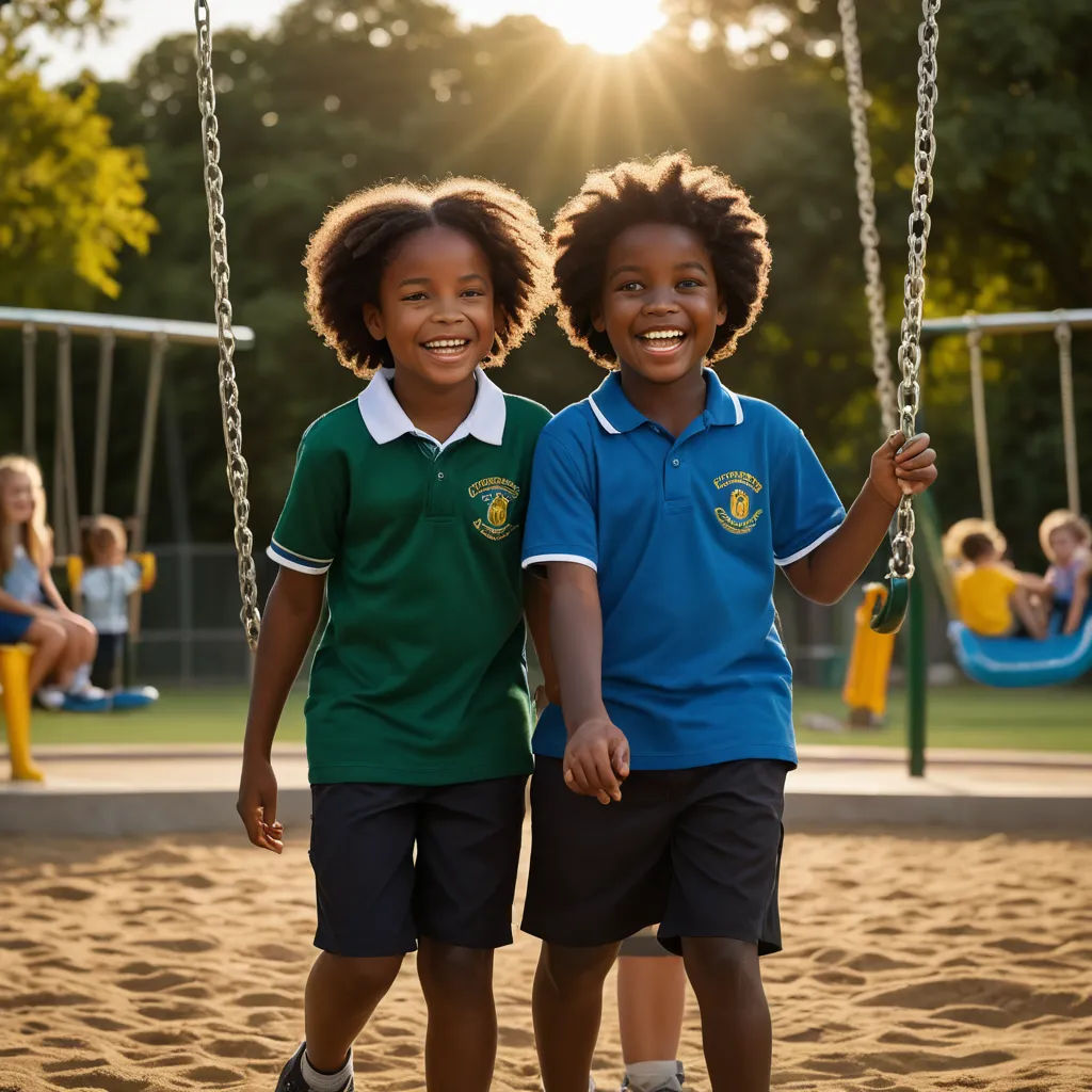 two children standing on a swing in a playground with a sun shining behind them and a playground with swings and swings, heidelberg school, a stock photo, Christian Hilfgott Brand, promotional image