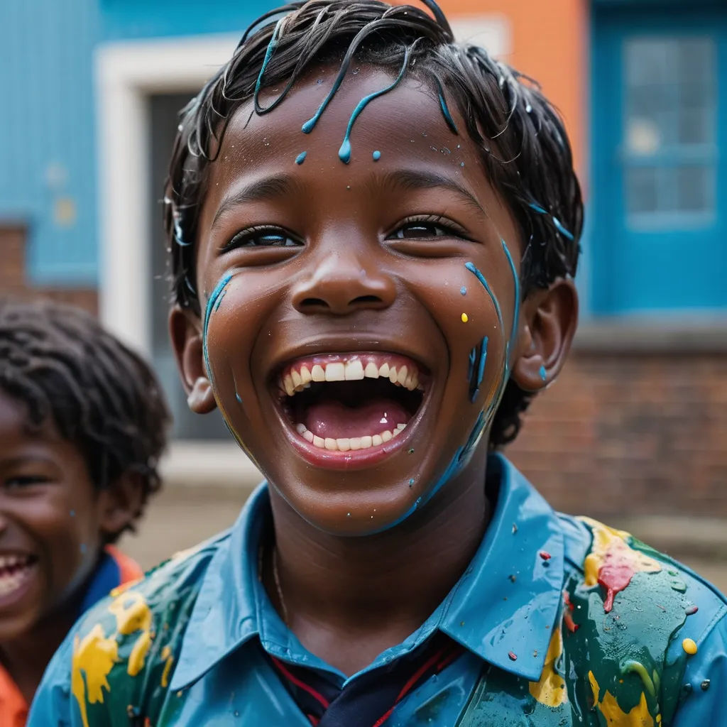 a boy with his face painted with blue and yellow paint and smiling at the camera with his friend in the background, action painting, a stock photo, Art & Language, full of colour