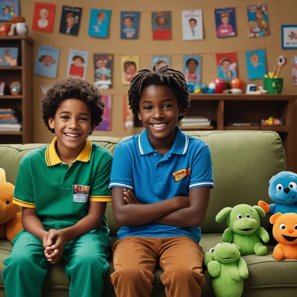 two children sitting on a couch with stuffed animals in front of them and a wall with pictures of children, les automatistes, a character portrait, Felix-Kelly, promotional image