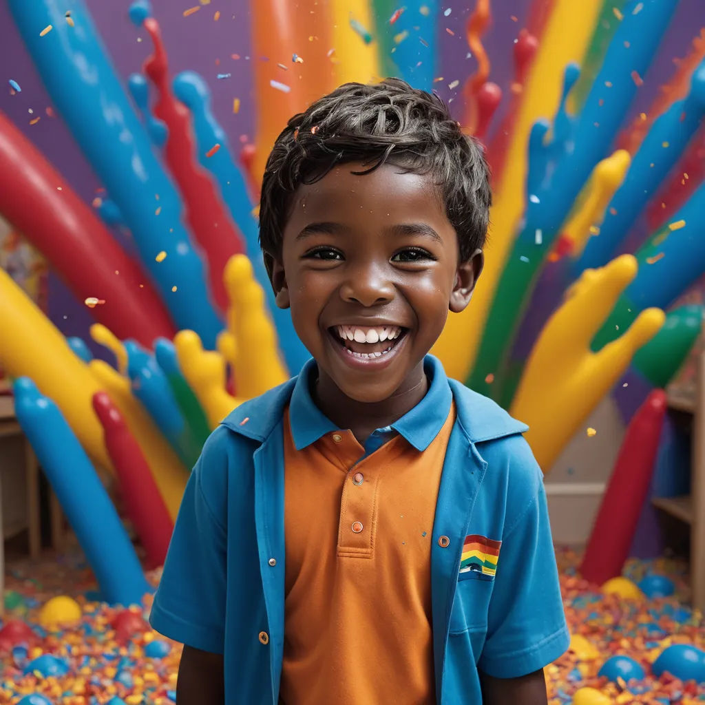 a boy smiles in front of a colorful backdrop of balloons and streamers in a play area at a children's birthday party, color field, a stock photo, Chris LaBrooy, full of colour