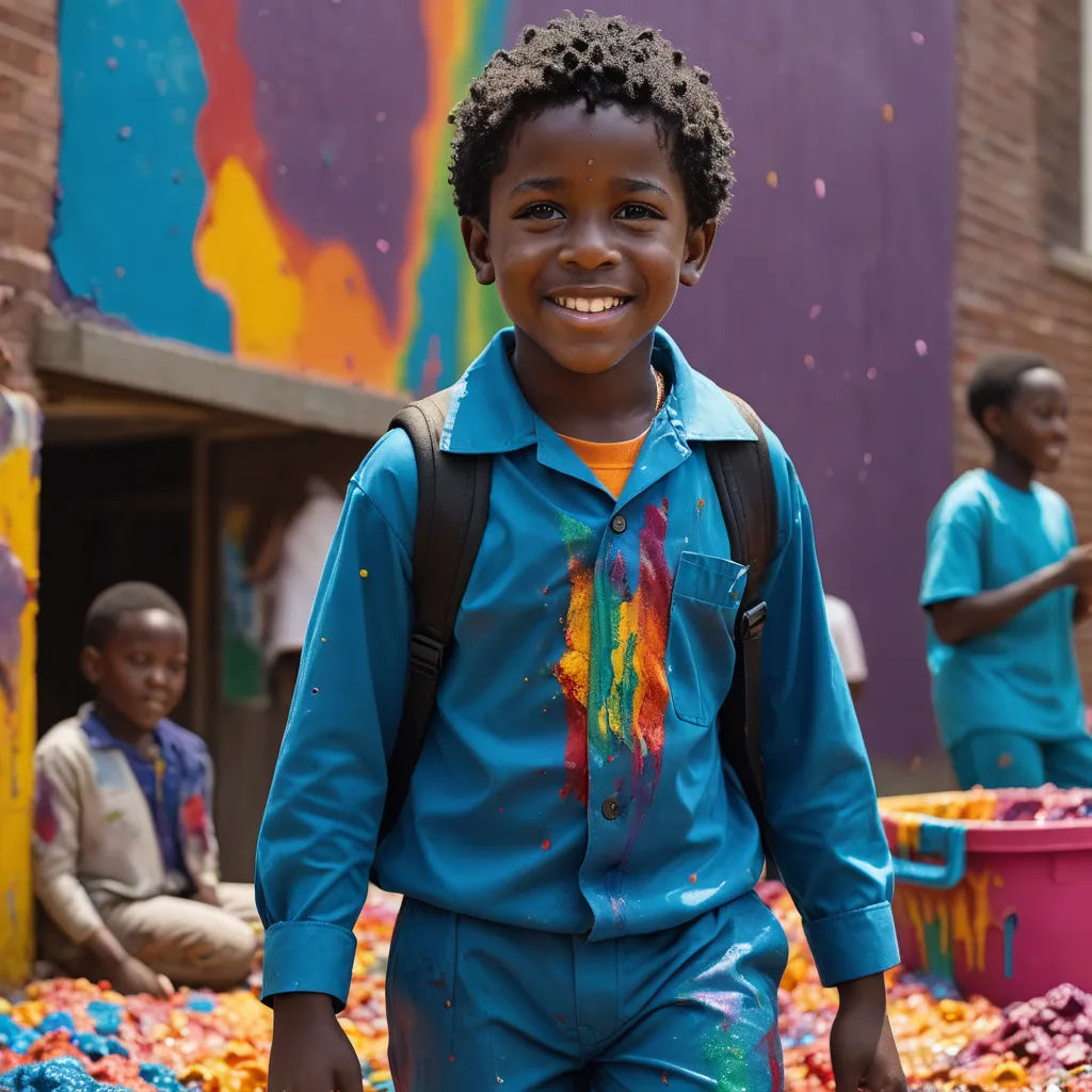 a boy in blue shirt and shorts standing in front of a building with a rainbow paint on it's face, naive art, chalk art, Bruce Onobrakpeya, full of colour