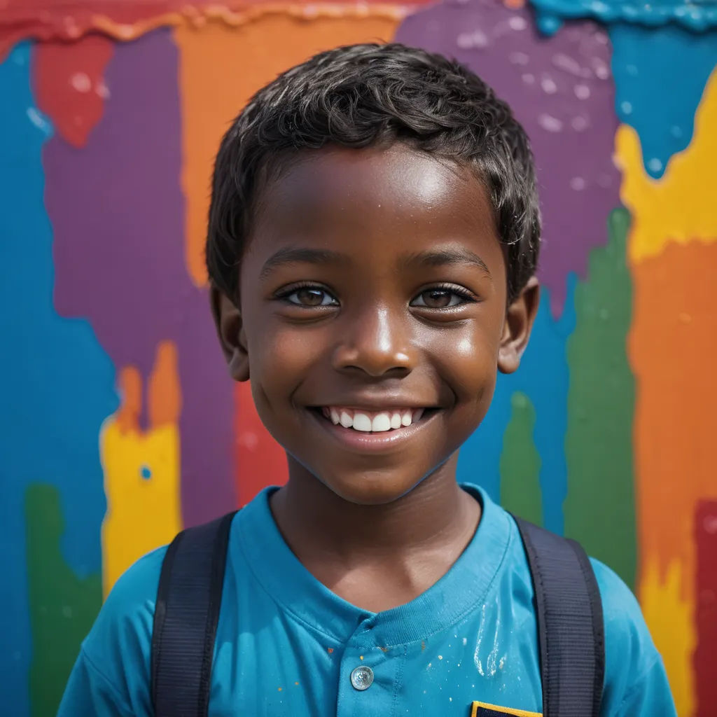 a young boy with a backpack smiles for the camera in front of a colorful wall with a painted background, naive art, a child's drawing, Art & Language, portrait photography