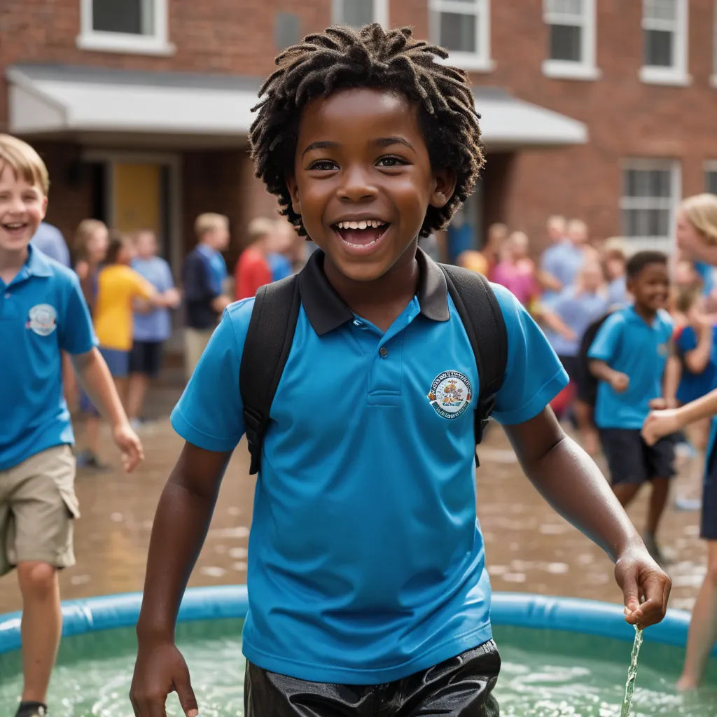 a young boy in a blue shirt is standing in a pool of water with other children in the background, heidelberg school, a stock photo, Cherryl Fountain, award-winning photograph