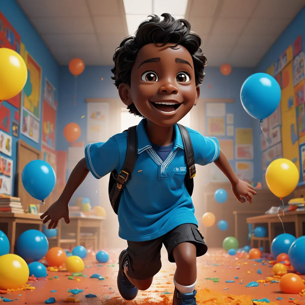 a cartoon boy running through a room filled with balloons and confetti on the floor and a wall, paris school, a 3D render, Chris LaBrooy, promotional image