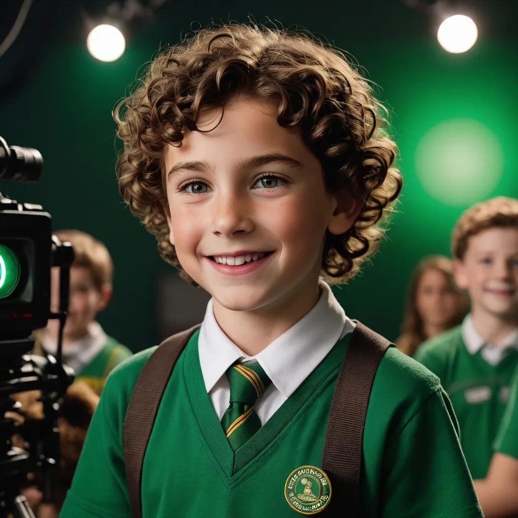 a young boy is smiling while he is filming a movie with a cameraman behind him and a green light behind him, american barbizon school, a computer rendering, Bertram Brooker, vfx