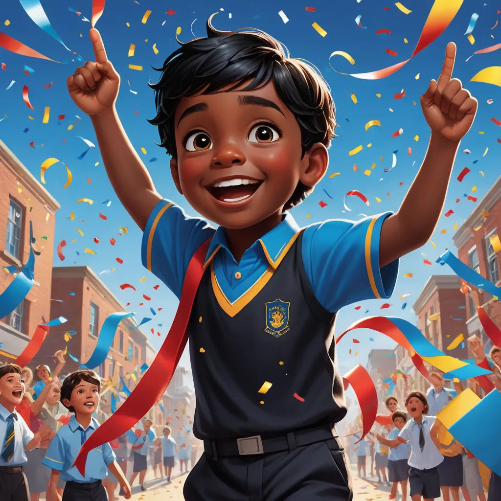 a boy in a school uniform is surrounded by confetti and streamers as he stands in front of a crowd, american realism, a storybook illustration, Eddie Mendoza, official art