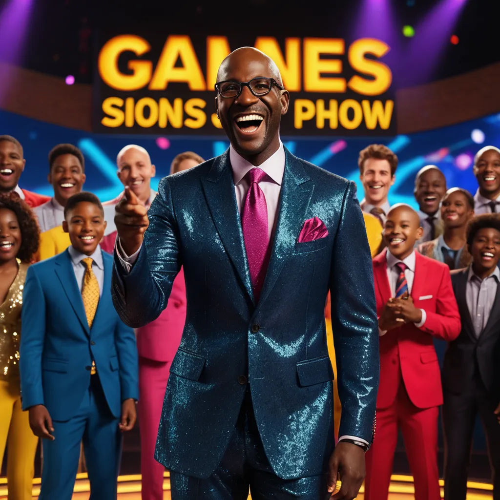 a man in a suit and tie standing in front of a group of people on a stage with a game show sign, afrofuturism, a poster, Carl Morris, promotional image